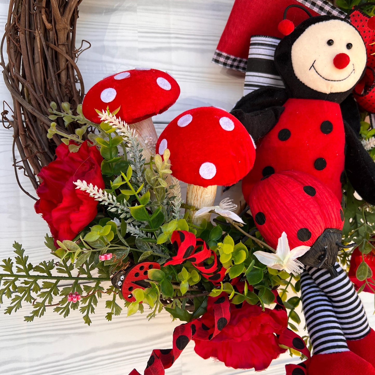 Ladybug Wreath, Year Round Wreath, Poppy Wreath, Mushroom kitchen decor, Summer front door decor, Ladybug gift