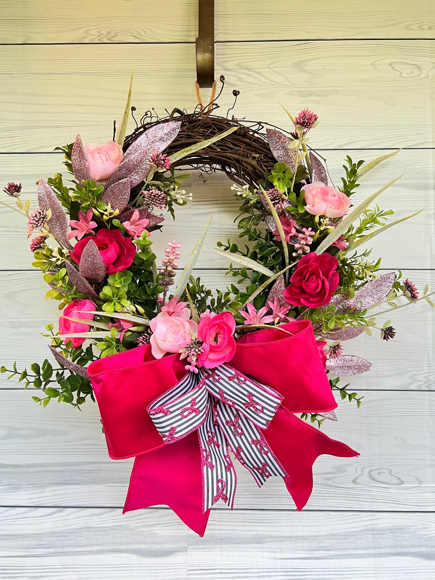 Ranunculus Breast Cancer Awareness Wreath for Front Door, All Season cabbage roses, Floral Grapevine for Woman Fighter, Survivor, Warrior