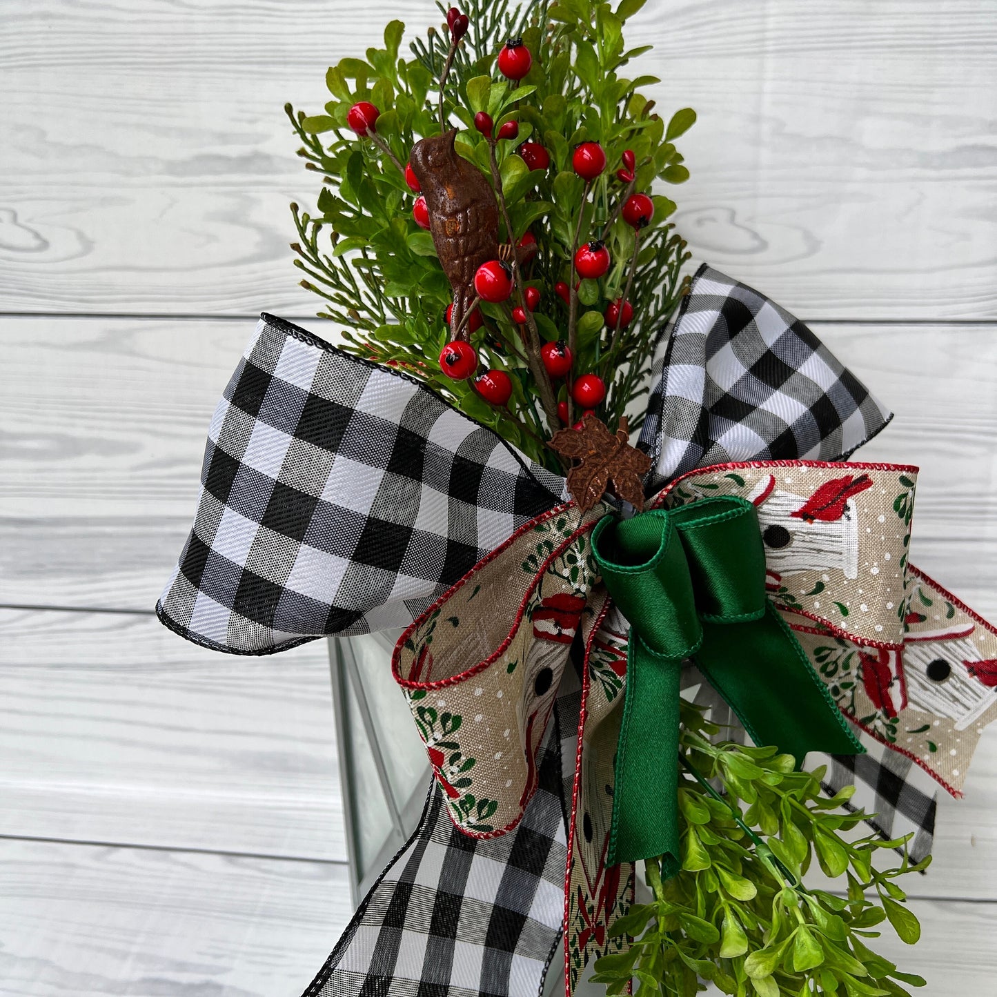 Christmas Bird House Decor, Cardinal Lantern Swag, Winter Wreath Attachment, Holiday Front Door Buffalo Plaid Decor, Christmas gift bow