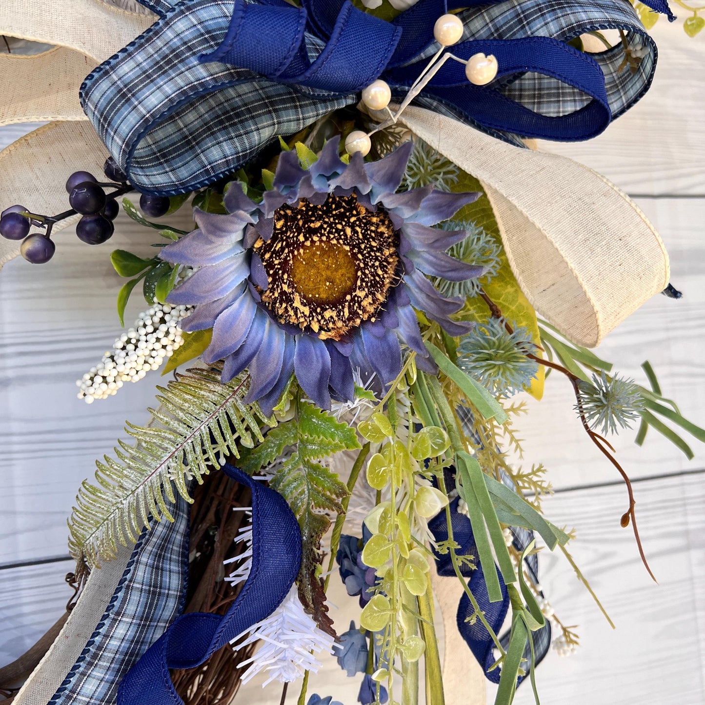 Blue everyday sunflower Lantern Swag, floral Door Hanger, fireplace mantel decor, Farmhouse Porch decor, Rustic glam Wreath, table decor