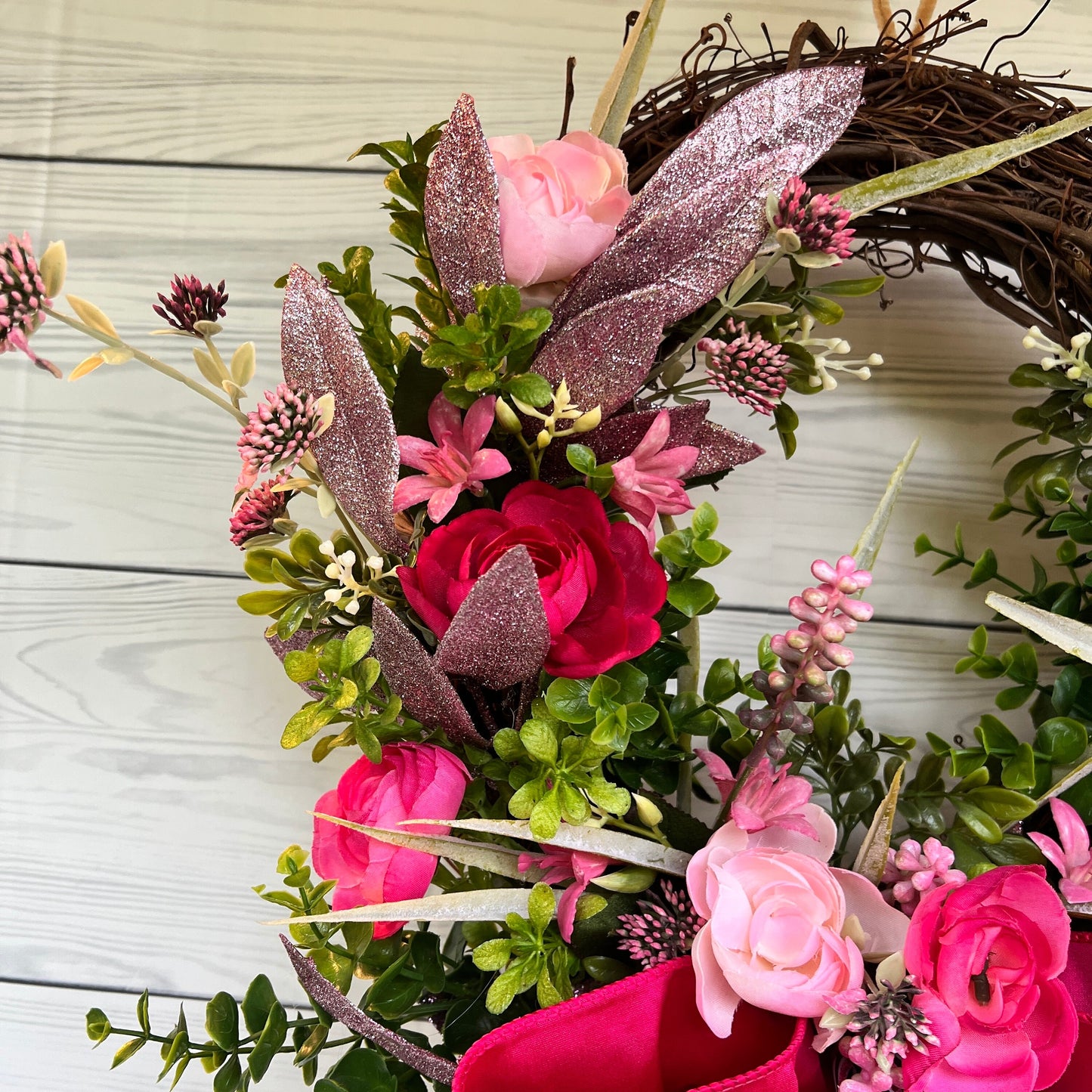 Ranunculus Breast Cancer Awareness Wreath for Front Door, All Season cabbage roses, Floral Grapevine for Woman Fighter, Survivor, Warrior