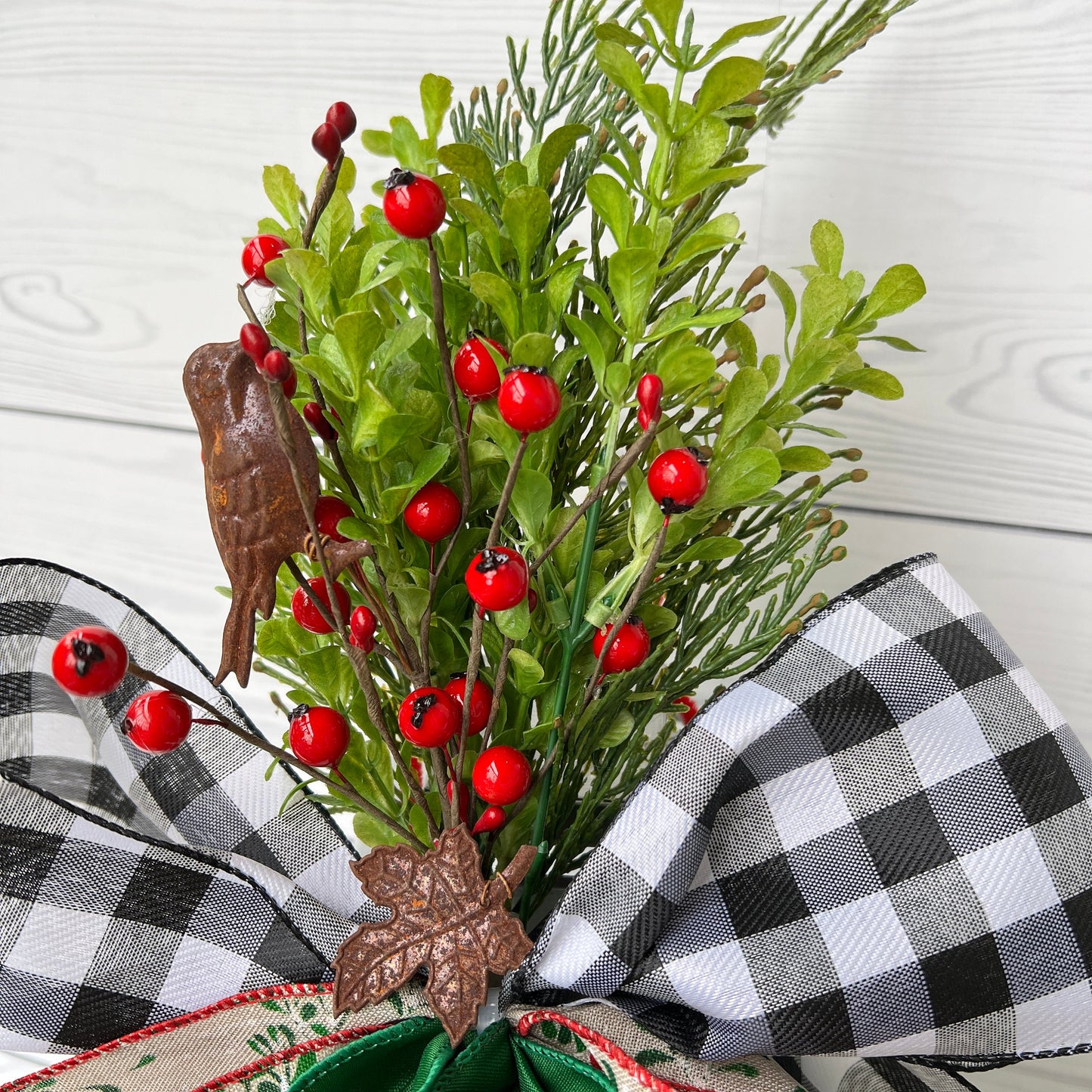 Christmas Bird House Decor, Cardinal Lantern Swag, Winter Wreath Attachment, Holiday Front Door Buffalo Plaid Decor, Christmas gift bow