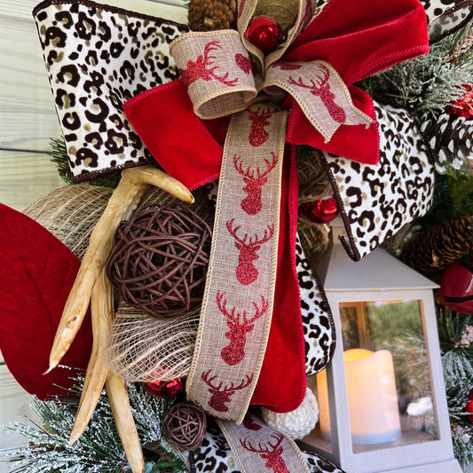 Christmas deer wreath with lantern, Antler Leopard room decor, jingle bell wreath for your front door, Pine lantern swag, gift for her
