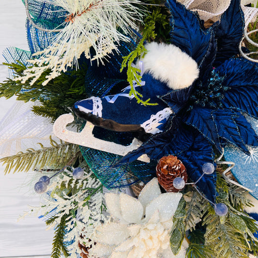 Blue bell winter front door wreath, Christmas ornament decoration, holiday porch swag, pinecone, poinsettia, ice skate, jingle sleigh bells