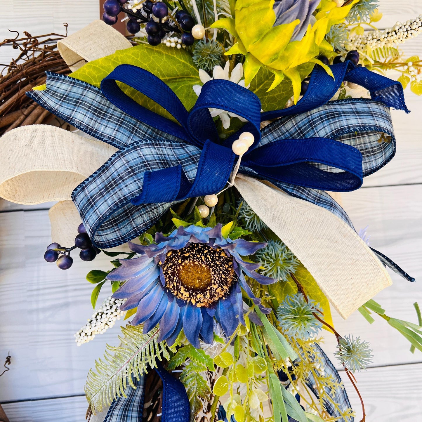 Blue everyday sunflower Lantern Swag, floral Door Hanger, fireplace mantel decor, Farmhouse Porch decor, Rustic glam Wreath, table decor