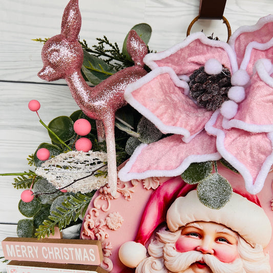 Whimsical Pink Santa Christmas Wreath with Vintage Rudolph, Non-Traditional Pink Holiday Decor with Poinsettias, Glitter winter bow