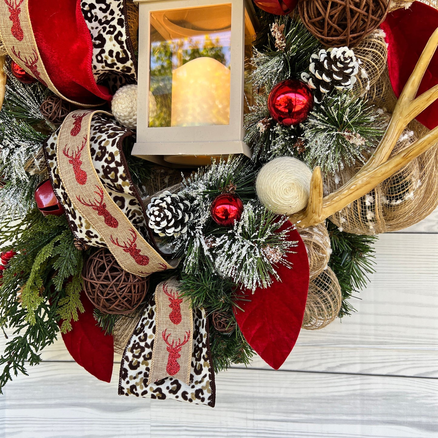 Christmas deer wreath with lantern, Antler Leopard room decor, jingle bell wreath for your front door, Pine lantern swag, gift for her