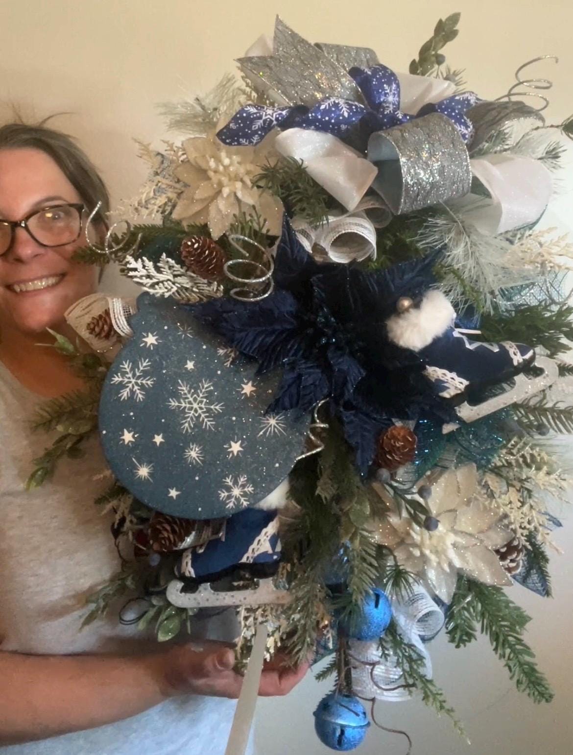 Blue bell winter front door wreath, Christmas ornament decoration, holiday porch swag, pinecone, poinsettia, ice skate, jingle sleigh bells