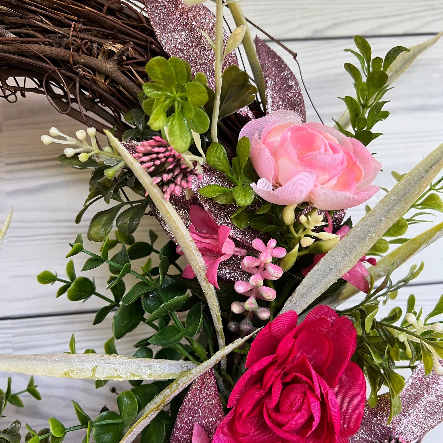 Ranunculus Breast Cancer Awareness Wreath for Front Door, All Season cabbage roses, Floral Grapevine for Woman Fighter, Survivor, Warrior