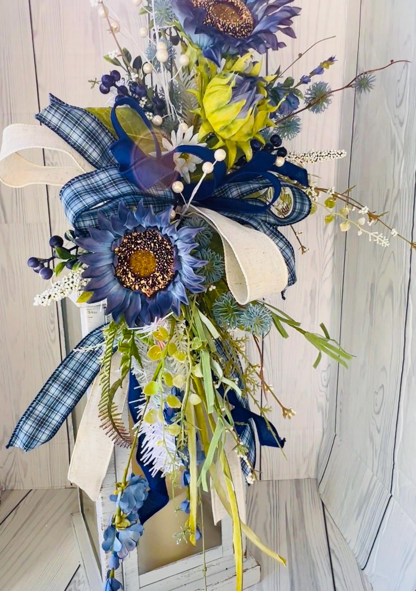 Blue everyday sunflower Lantern Swag, floral Door Hanger, fireplace mantel decor, Farmhouse Porch decor, Rustic glam Wreath, table decor