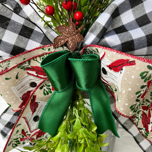 Christmas Bird House Decor, Cardinal Lantern Swag, Winter Wreath Attachment, Holiday Front Door Buffalo Plaid Decor, Christmas gift bow
