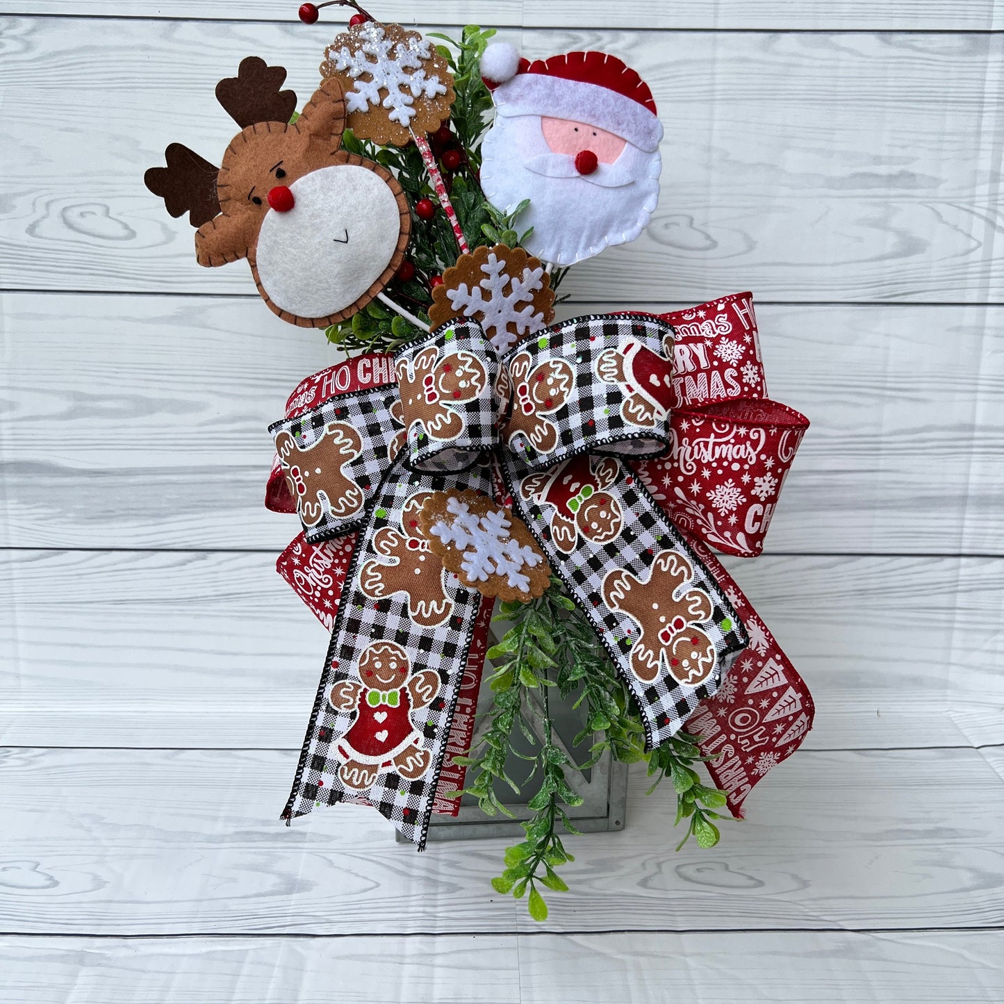 Rudolph reindeer lantern swag, Santa lantern swag, Gingerbread wreath attachment, Winter Gingerbread decor, Christmas Door hanger bow