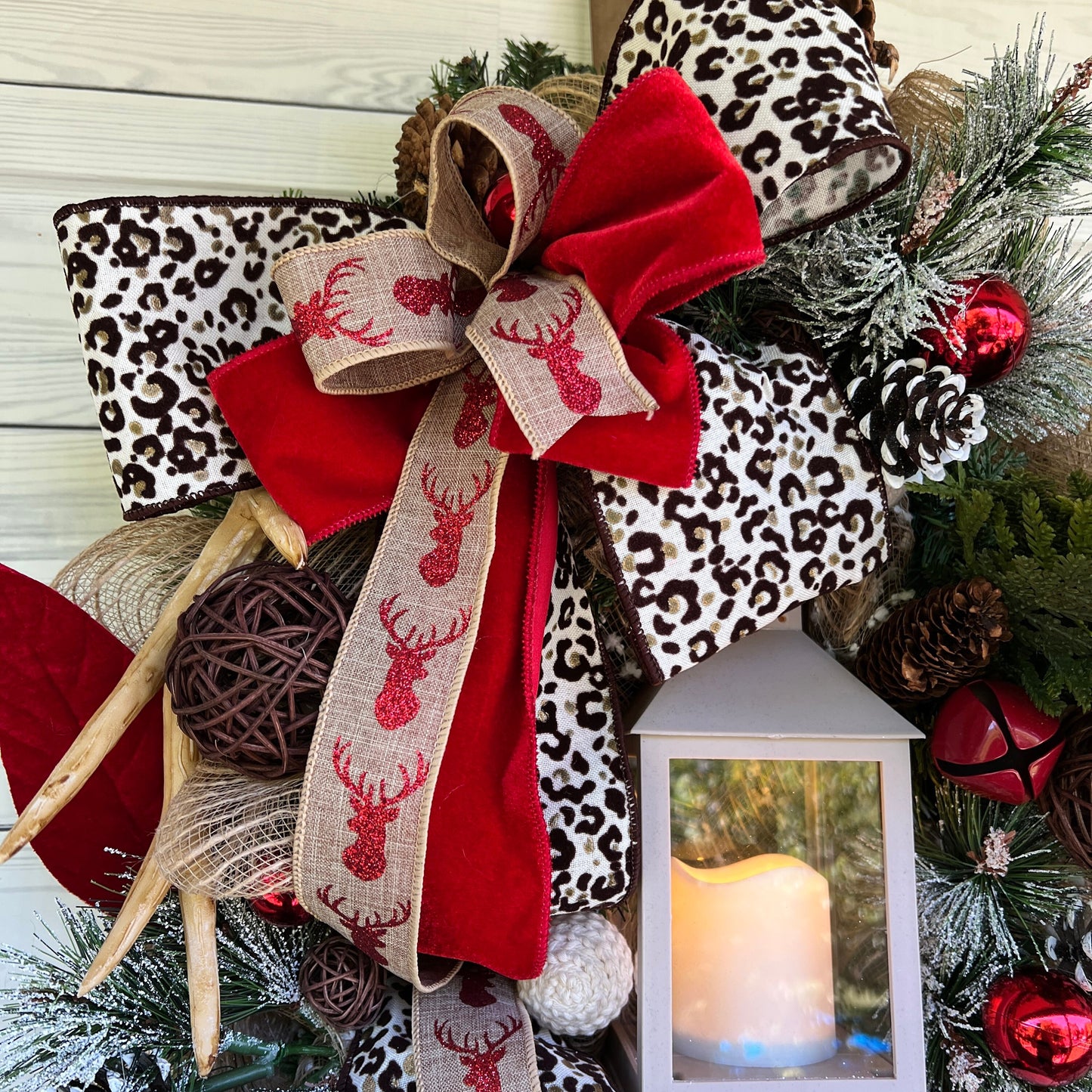 Christmas deer wreath with lantern, Antler Leopard room decor, jingle bell wreath for your front door, Pine lantern swag, gift for her