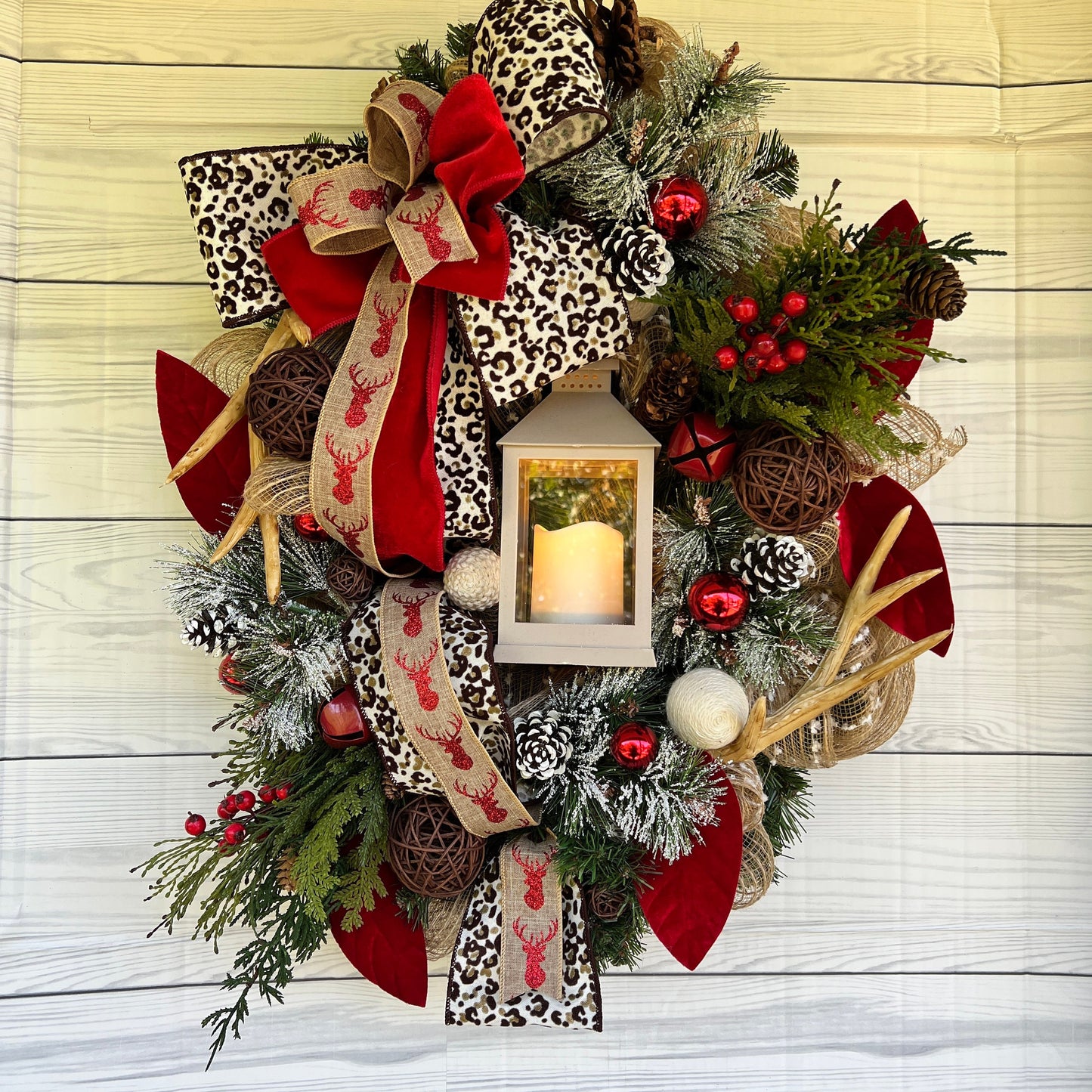 Christmas deer wreath with lantern, Antler Leopard room decor, jingle bell wreath for your front door, Pine lantern swag, gift for her