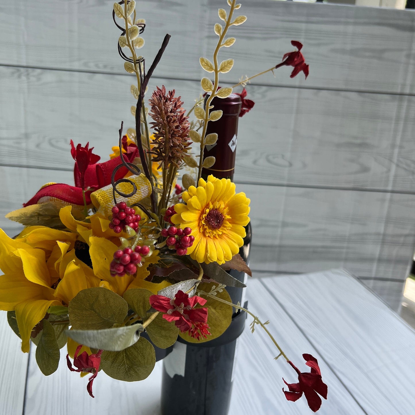 Sunflower bottle bouquet, Gift for wine lover, wine bottle decoration, candle decor, hostess gift, candle ring, tumbler gift, secret Santa
