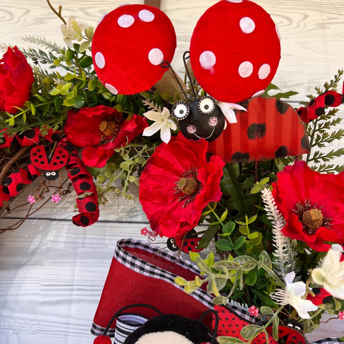 Ladybug Wreath, Year Round Wreath, Poppy Wreath, Mushroom kitchen decor, Summer front door decor, Ladybug gift
