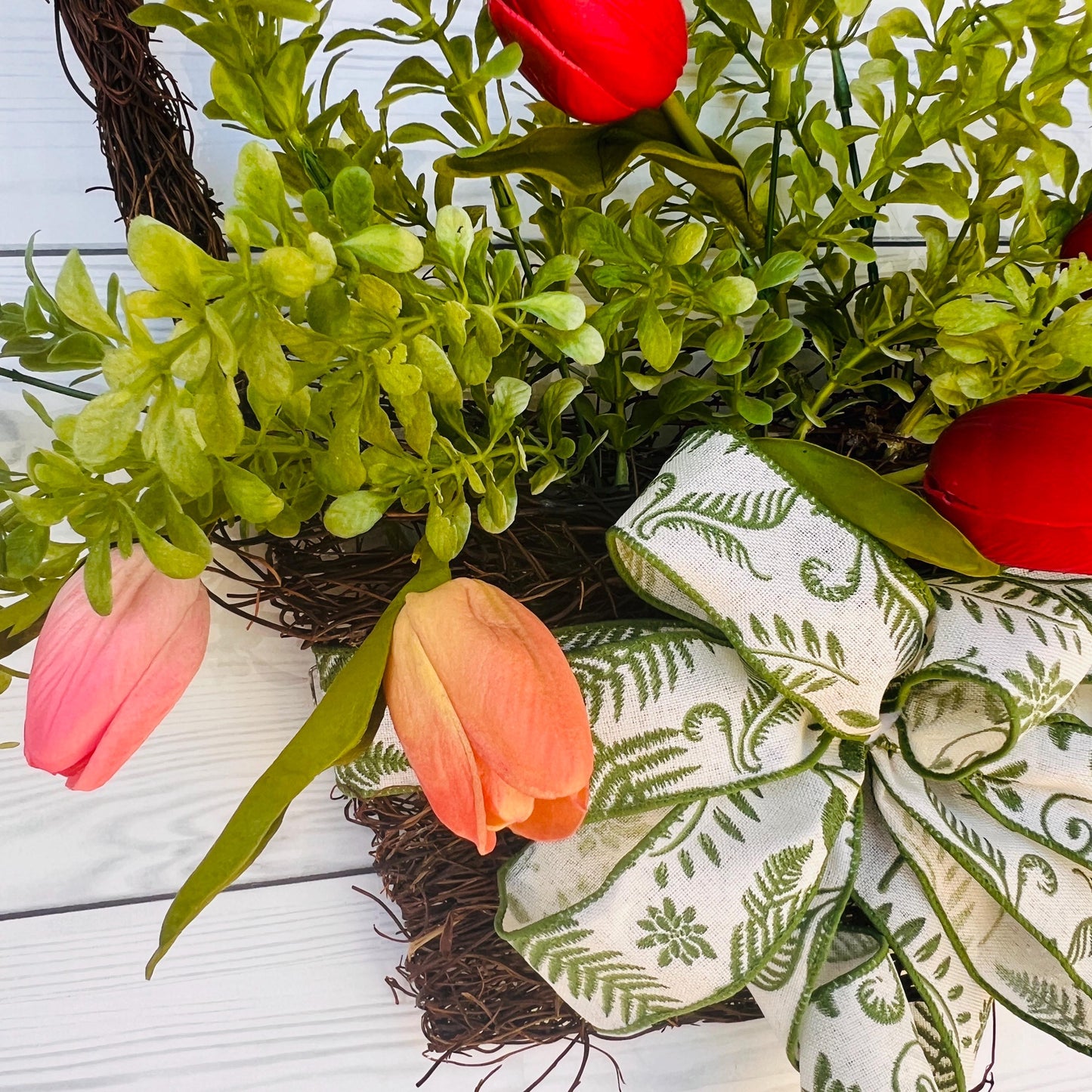 Real touch tulip Spring Wreath, door hanger, grapevine basket, home decor, door decor, Everyday greenery wreath, Gift for mom, May Day,