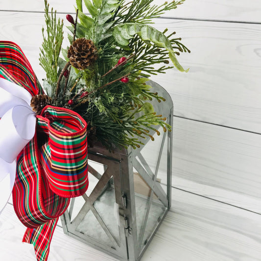 Traditional Christmas lantern swag, Rustic Winter lantern swag, Farmhouse front door decor, Mailbox decor, Holiday Pine Wreath bow, Gift bow