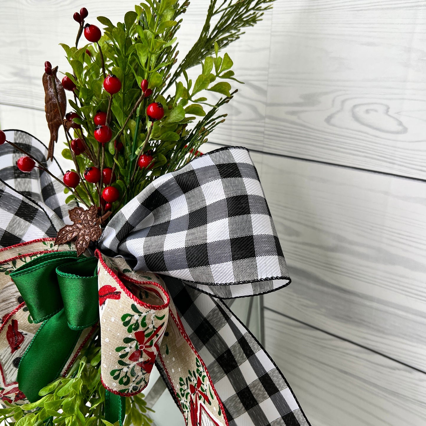 Christmas Bird House Decor, Cardinal Lantern Swag, Winter Wreath Attachment, Holiday Front Door Buffalo Plaid Decor, Christmas gift bow