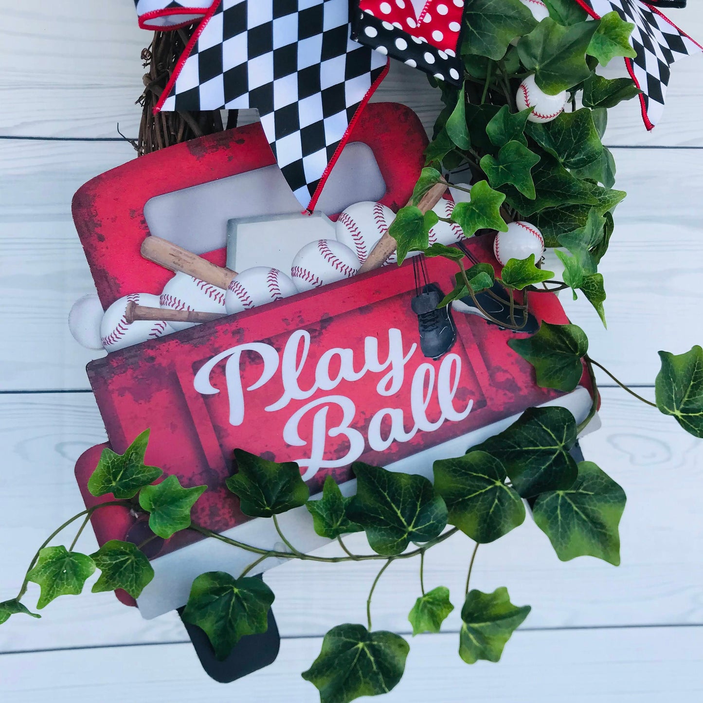 Baseball Grapevine Wreath for Front Door, Play Ball Decor, Year Round Door Hanger, Chicago Ivy Decoration, Sports Fan Gift, Father’s Day