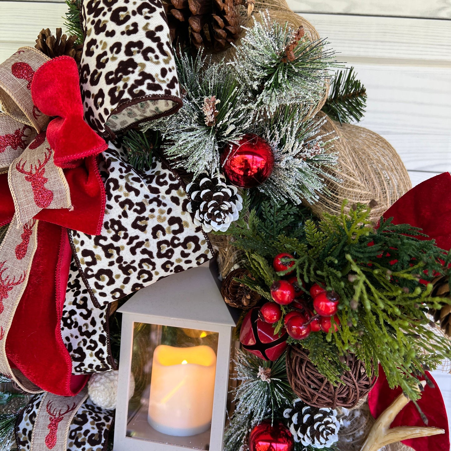 Christmas deer wreath with lantern, Antler Leopard room decor, jingle bell wreath for your front door, Pine lantern swag, gift for her