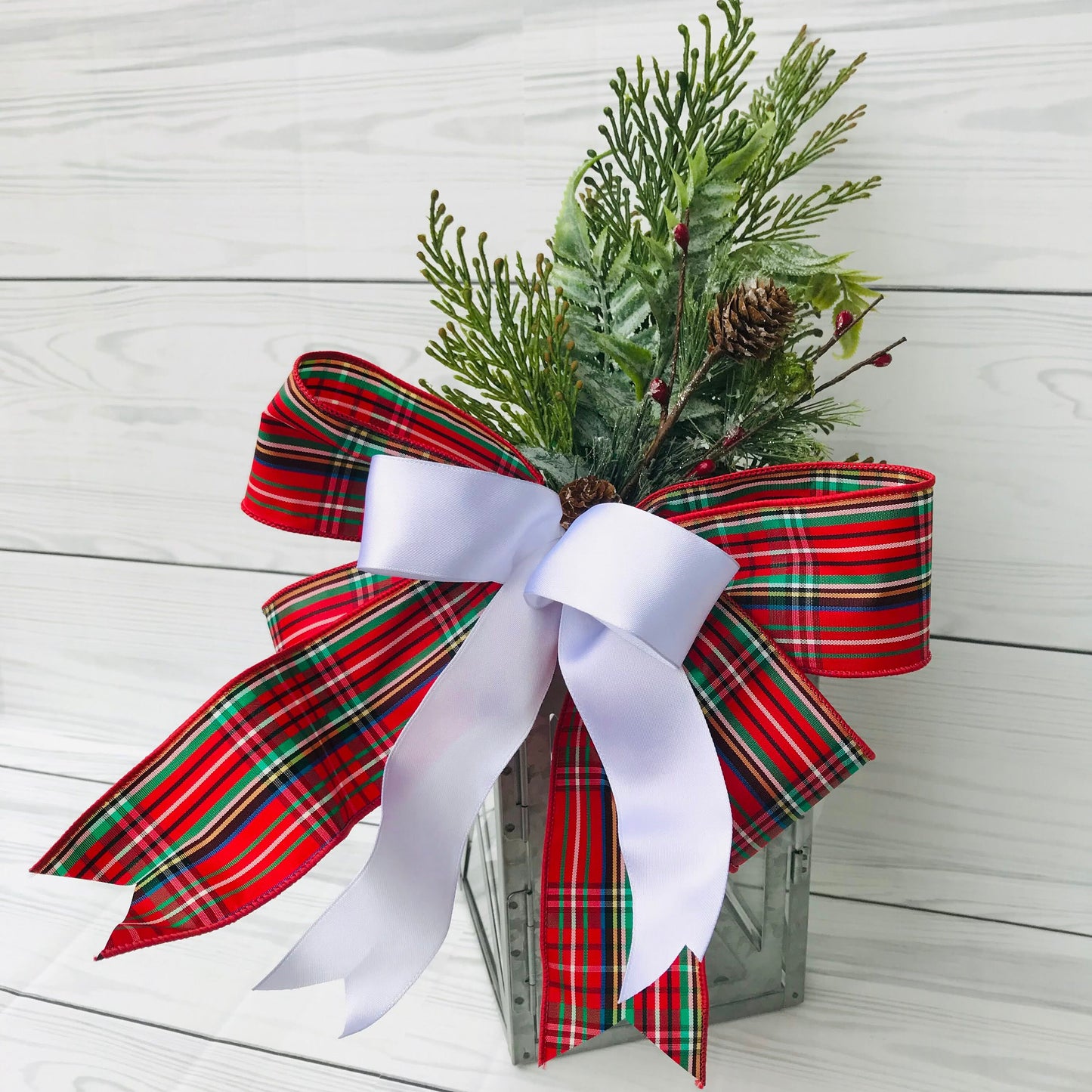 Traditional Christmas lantern swag, Rustic Winter lantern swag, Farmhouse front door decor, Mailbox decor, Holiday Pine Wreath bow, Gift bow