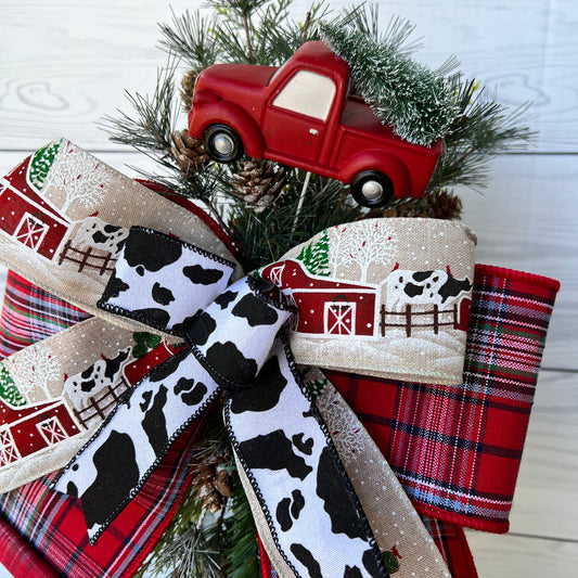 Winter Christmas Red Truck Lantern Swag, Red winter Farmhouse Truck wreath attachment, Vintage Winter Truck decor, Cow print winter decor