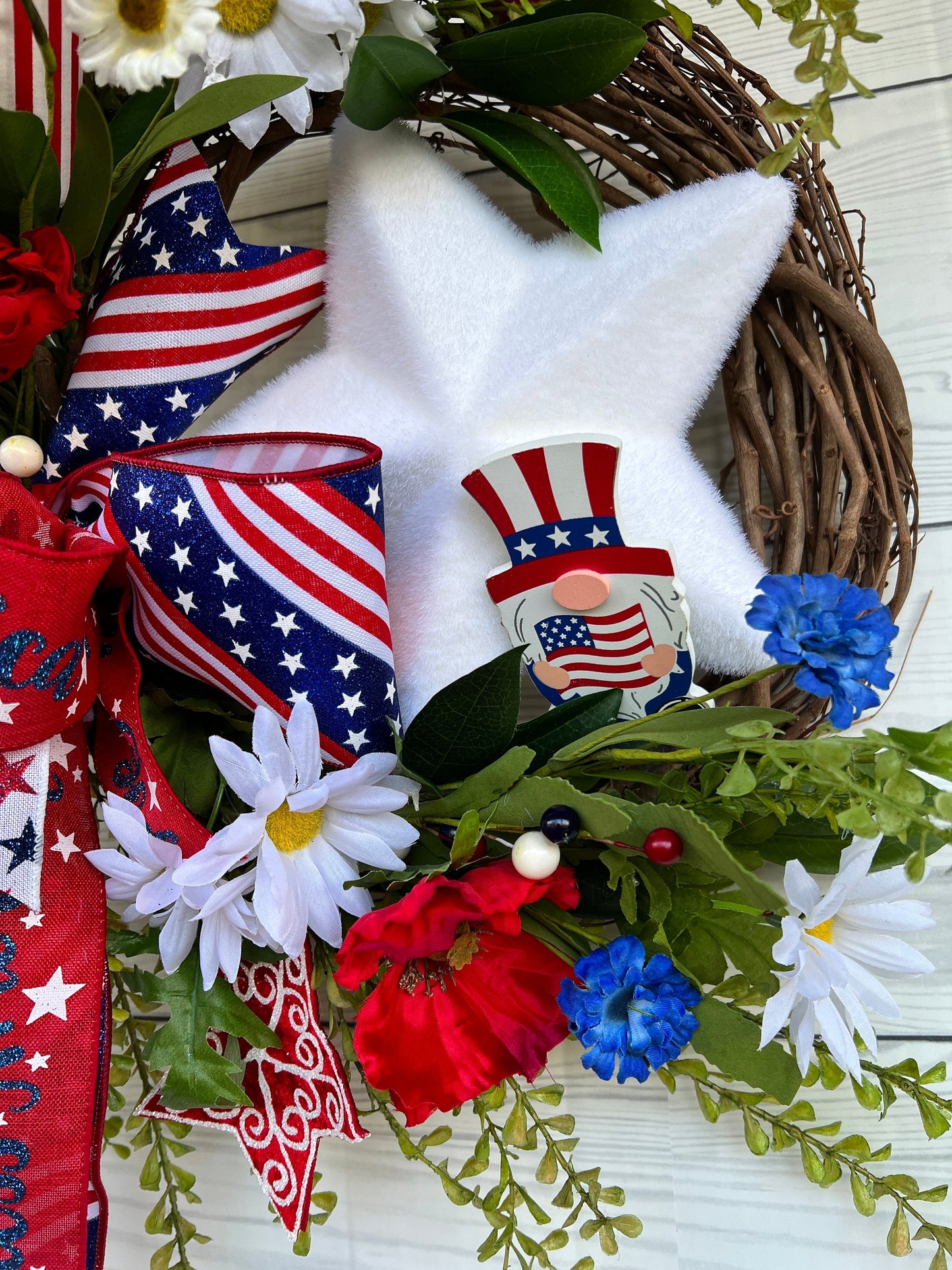 Fireworks grapevine door hanger, 4th of July, Patrotic Decor,  Independence Day Wreath, Red White and Blue, Uncle Sam gnome, Stars & Stripes