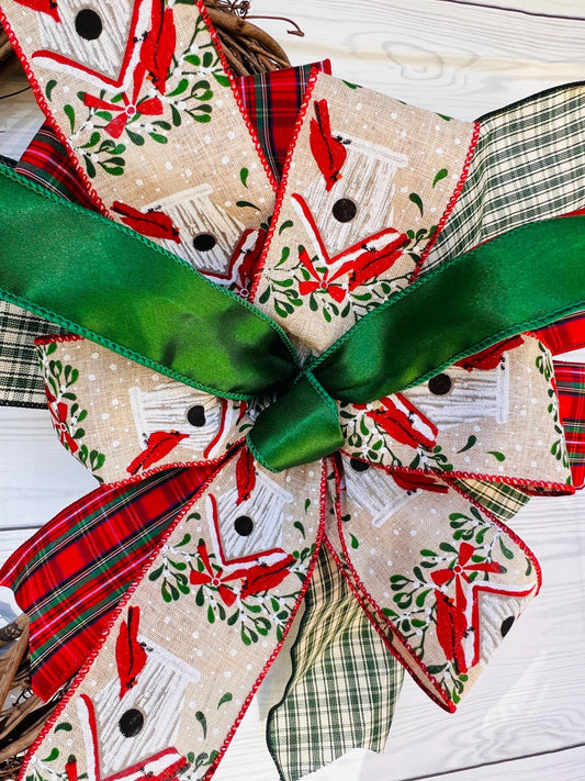 Christmas cardinal wreath bow, Traditional plaid Holiday bow, Lantern bow, Front door wreath bow, Mailbox bow, Christmas Package Bow