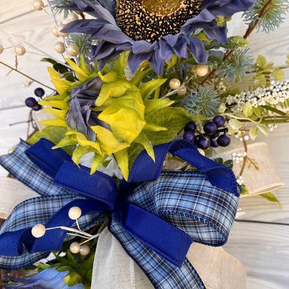 Blue everyday sunflower Lantern Swag, floral Door Hanger, fireplace mantel decor, Farmhouse Porch decor, Rustic glam  Wreath, table decor