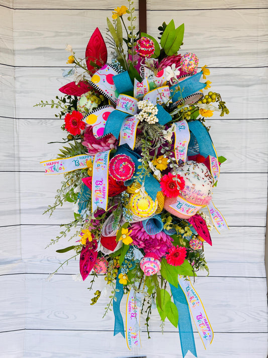 Happy Birthday front door wreath, celebration, Party Gift, Candy Cake Swag, Cupcake Decor, Porch,  Floral door hanger, Everyday wreath