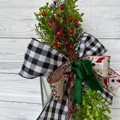 Christmas Bird House Decor, Cardinal Lantern Swag, Winter Wreath Attachment, Holiday Front Door Buffalo Plaid Decor, Christmas gift bow