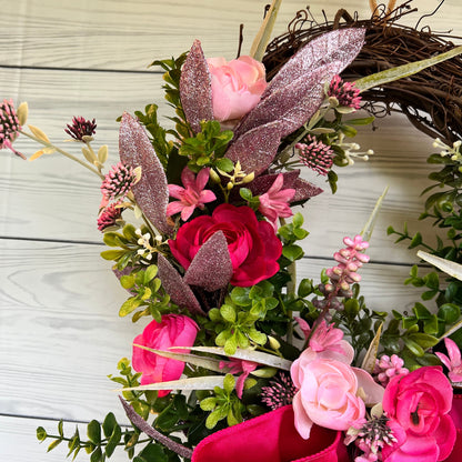Ranunculus Breast Cancer Awareness Wreath for Front Door, All Season cabbage roses, Floral Grapevine for Woman Fighter, Survivor, Warrior