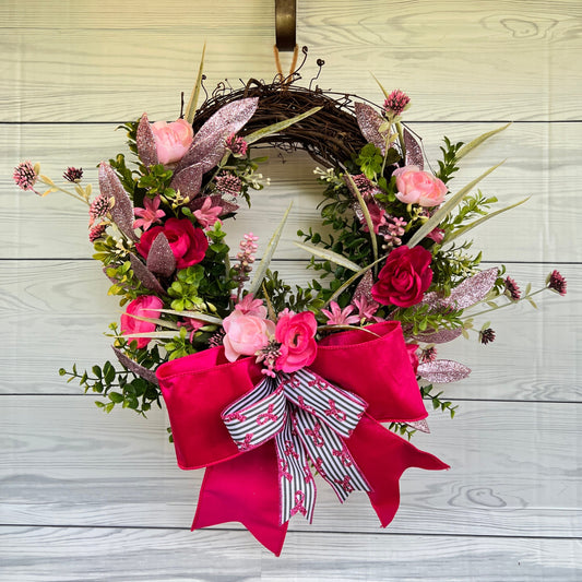 Ranunculus Breast Cancer Awareness Wreath for Front Door, All Season cabbage roses, Floral Grapevine for Woman Fighter, Survivor, Warrior