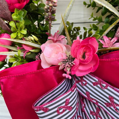 Ranunculus Breast Cancer Awareness Wreath for Front Door, All Season cabbage roses, Floral Grapevine for Woman Fighter, Survivor, Warrior