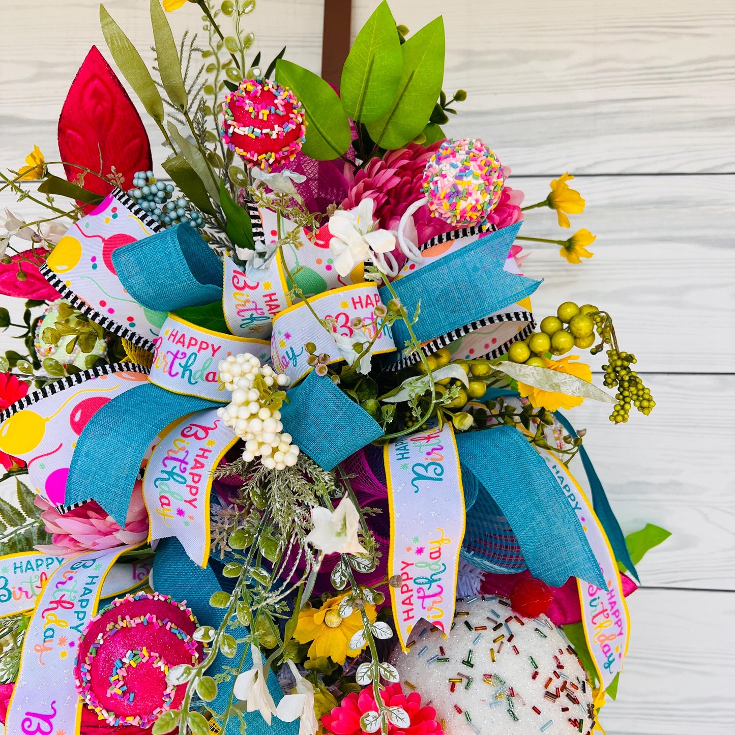 Happy Birthday front door wreath, celebration, Party Gift, Candy Cake Swag, Cupcake Decor, Porch,  Floral door hanger, Everyday wreath