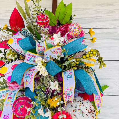 Happy Birthday front door wreath, celebration, Party Gift, Candy Cake Swag, Cupcake Decor, Porch,  Floral door hanger, Everyday wreath