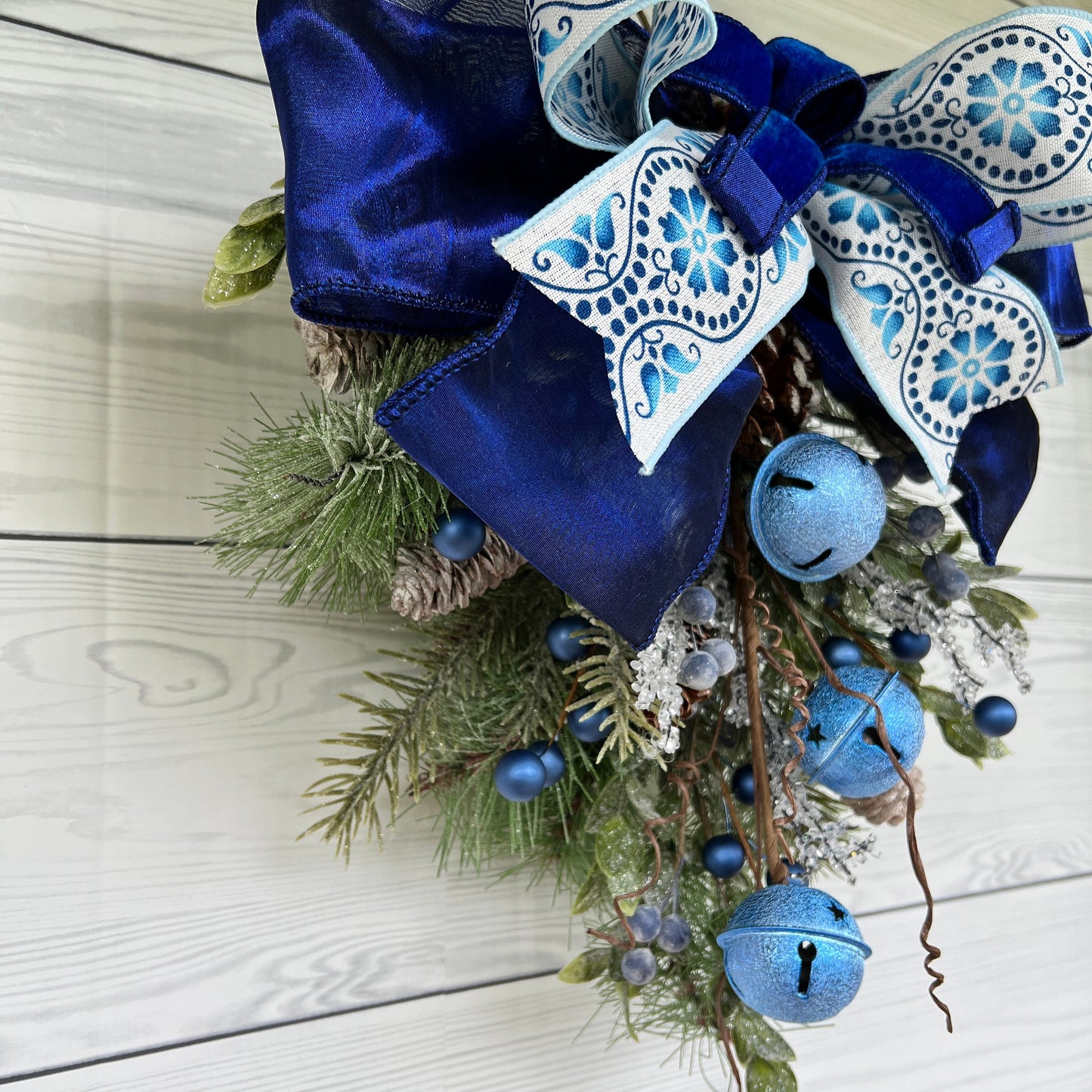 Blue Sleigh Bells Winter Swag, Christmas classroom door decor, jingle bell wreath, Farmhouse Door decor, Front door Holiday Pine Teardrop