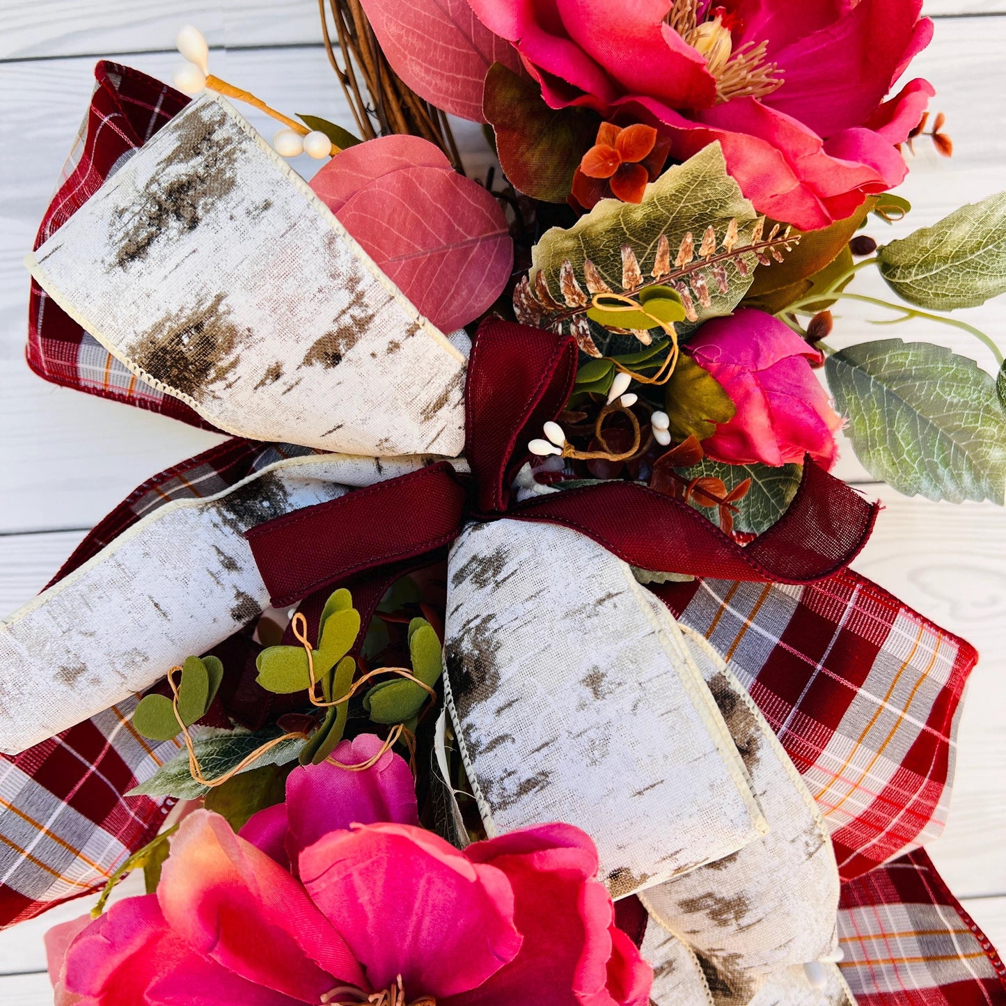 Pink Magnolia Front Door Swag – Burgundy Birch Farmhouse Glam Wreath 🌸