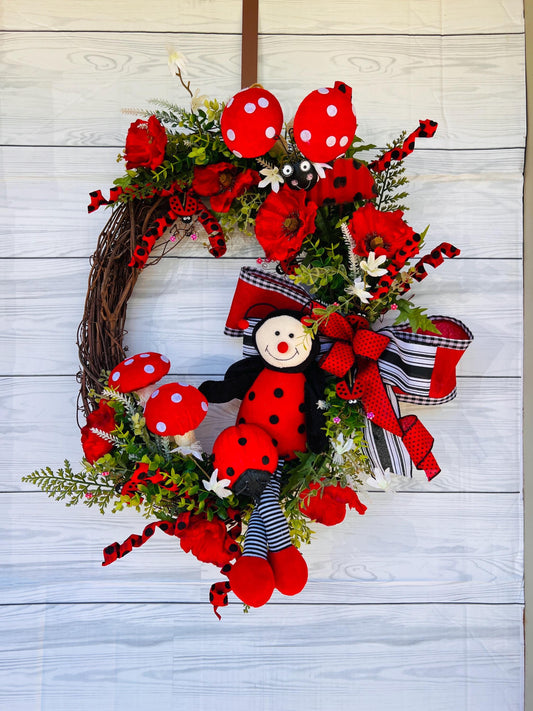 Ladybug Wreath, Year Round Wreath, Poppy Wreath, Mushroom kitchen decor, Summer front door decor, Ladybug gift