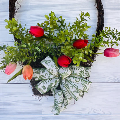 Real touch tulip Spring Wreath,  door hanger, grapevine basket, home decor, door decor, Everyday greenery wreath, Gift for mom, May Day,