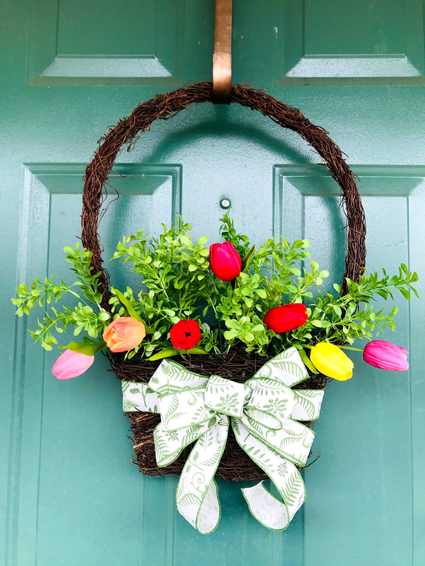 Real touch tulip Spring Wreath,  door hanger, grapevine basket, home decor, door decor, Everyday greenery wreath, Gift for mom, May Day,