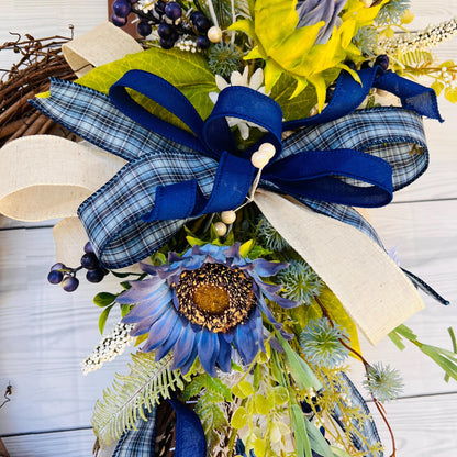 Blue everyday sunflower Lantern Swag, floral Door Hanger, fireplace mantel decor, Farmhouse Porch decor, Rustic glam  Wreath, table decor