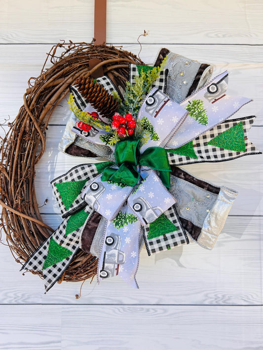 Vintage truck bow Christmas bow Green bow Grey truck bow Christmas wreath bow Christmas lantern bow Christmas gift bow Christmas tree bow
