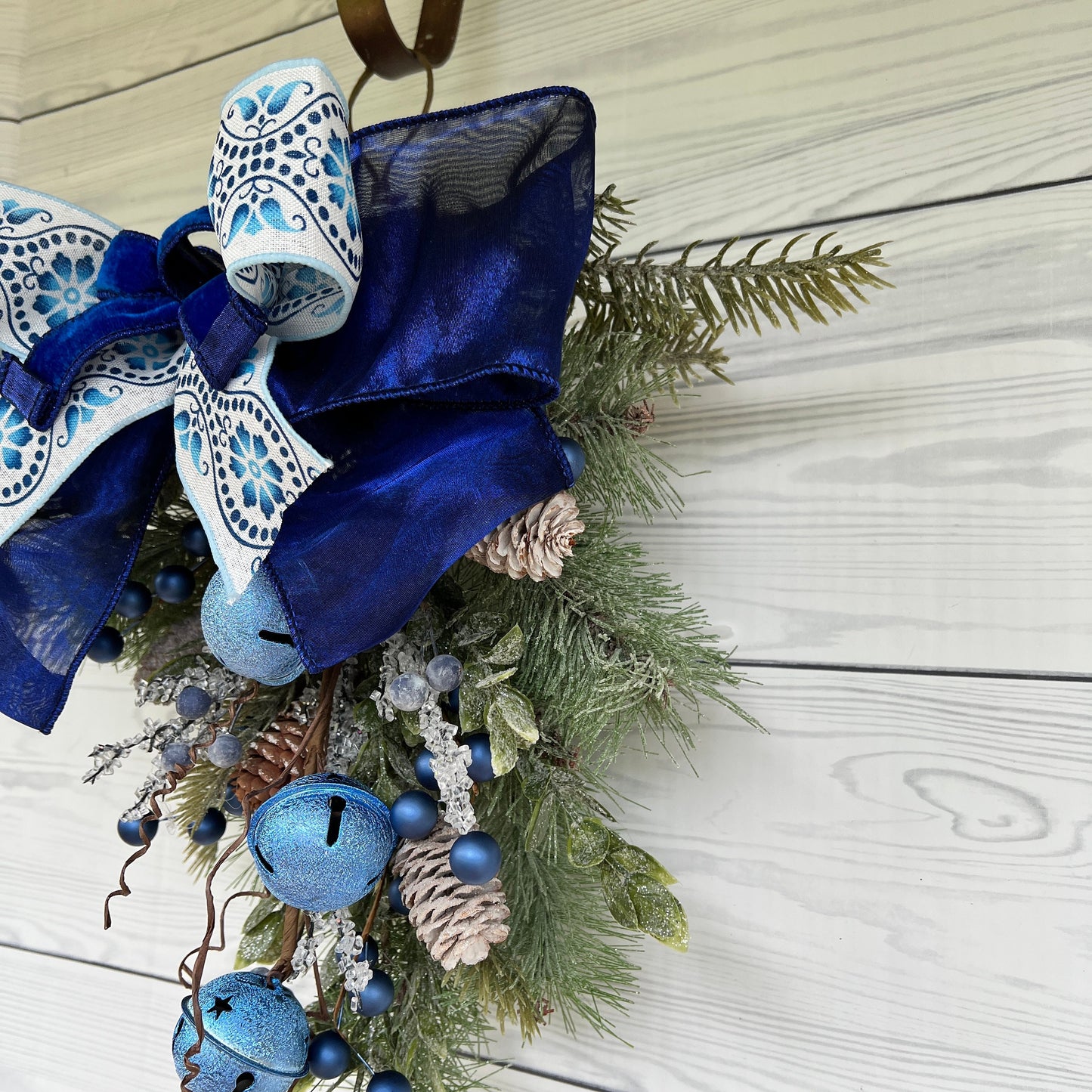 Blue Sleigh Bells Winter Swag, Christmas classroom door decor, jingle bell wreath, Farmhouse Door decor, Front door Holiday Pine Teardrop