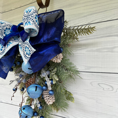 Blue Sleigh Bells Winter Swag, Christmas classroom door decor, jingle bell wreath, Farmhouse Door decor, Front door Holiday Pine Teardrop