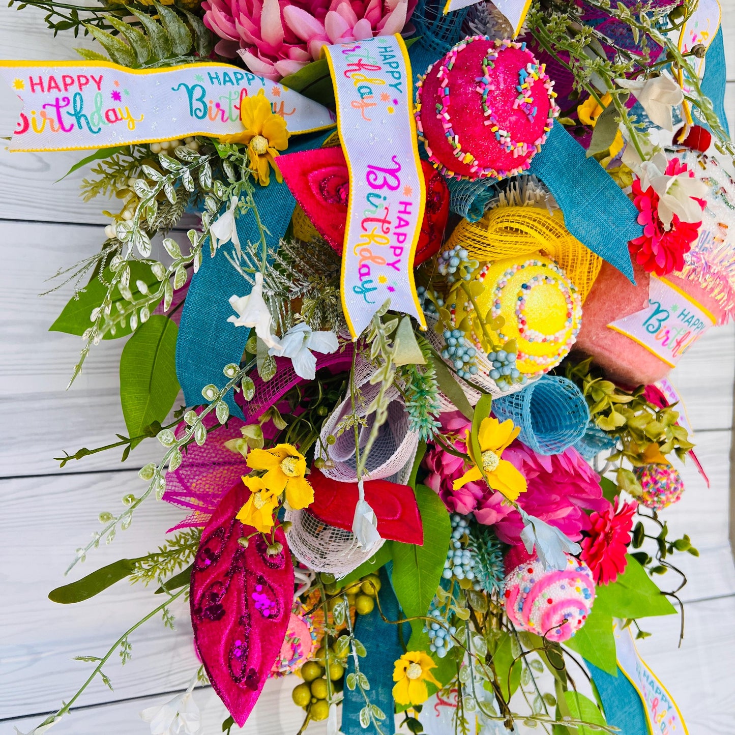 Happy Birthday front door wreath, celebration, Party Gift, Candy Cake Swag, Cupcake Decor, Porch,  Floral door hanger, Everyday wreath