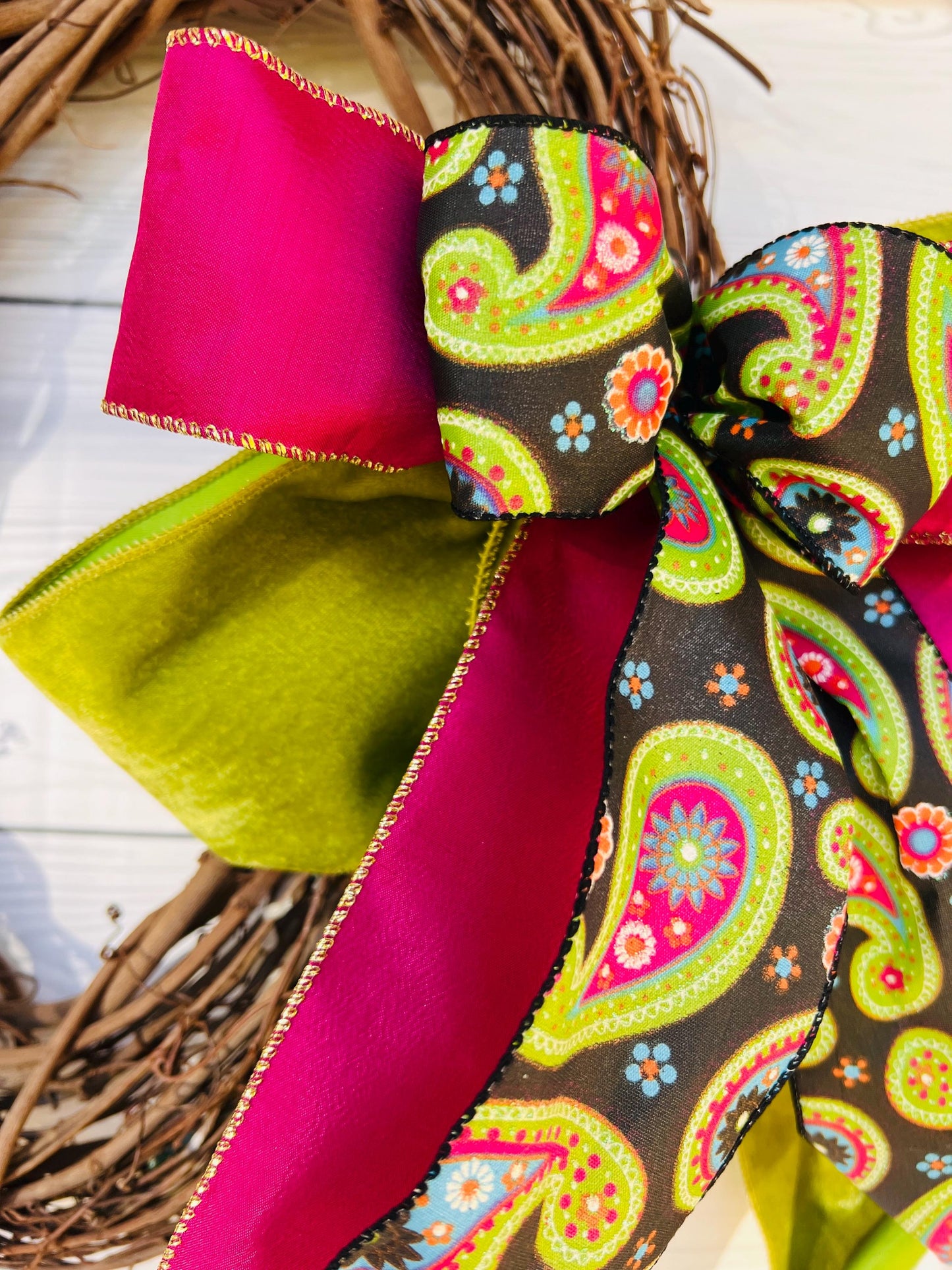 Lime Green Fuchsia Pink Blue Orange Paisley on Black Wreath Bow Paisley lantern swag Bow for wreath Door Hanger Bow Spring Bow Summer Bow