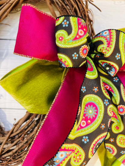 Lime Green Fuchsia Pink Blue Orange Paisley on Black Wreath Bow Paisley lantern swag Bow for wreath Door Hanger Bow Spring Bow Summer Bow