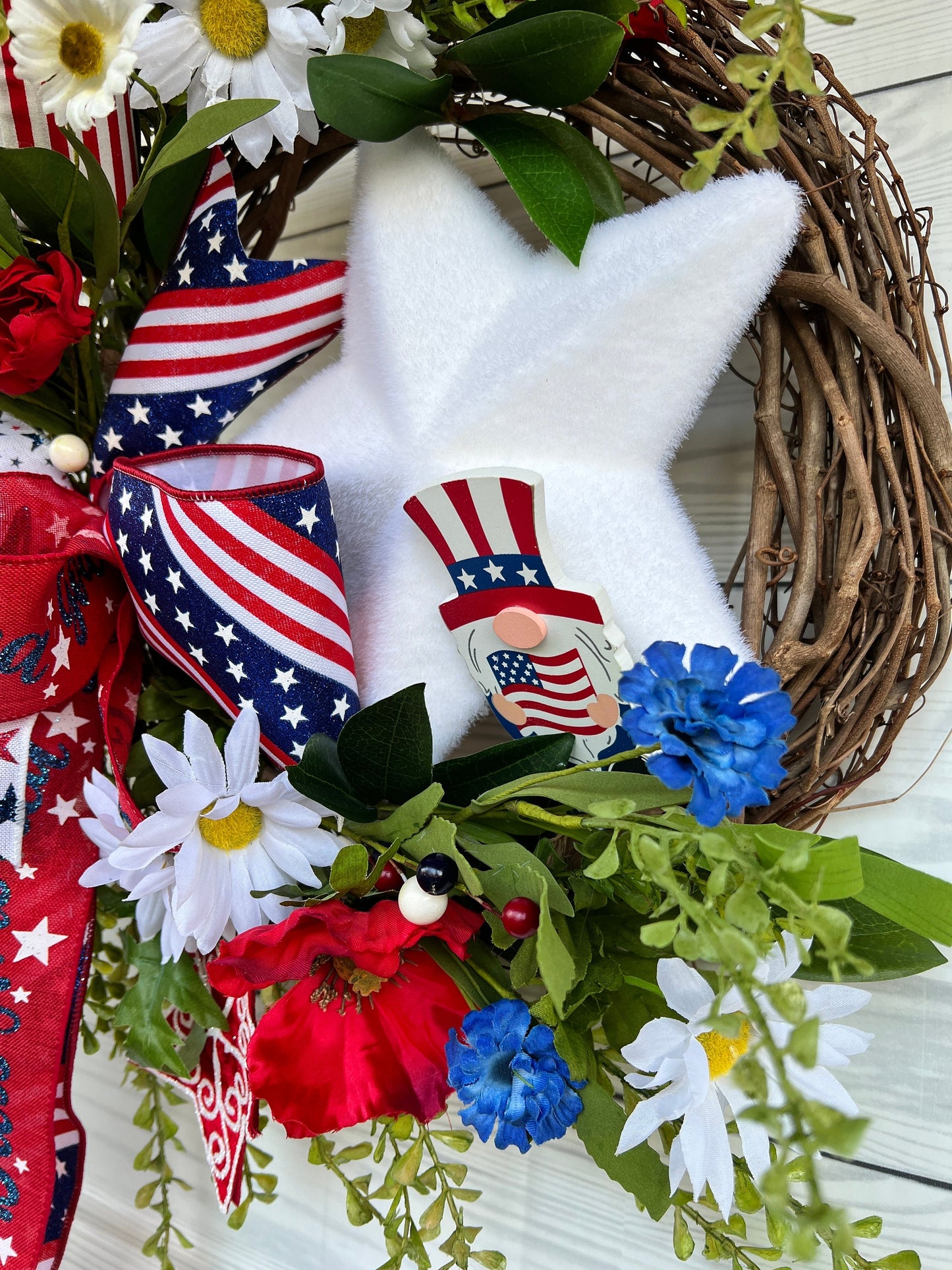Fireworks grapevine door hanger, 4th of July, Patrotic Decor,  Independence Day Wreath, Red White and Blue, Uncle Sam gnome, Stars & Stripes